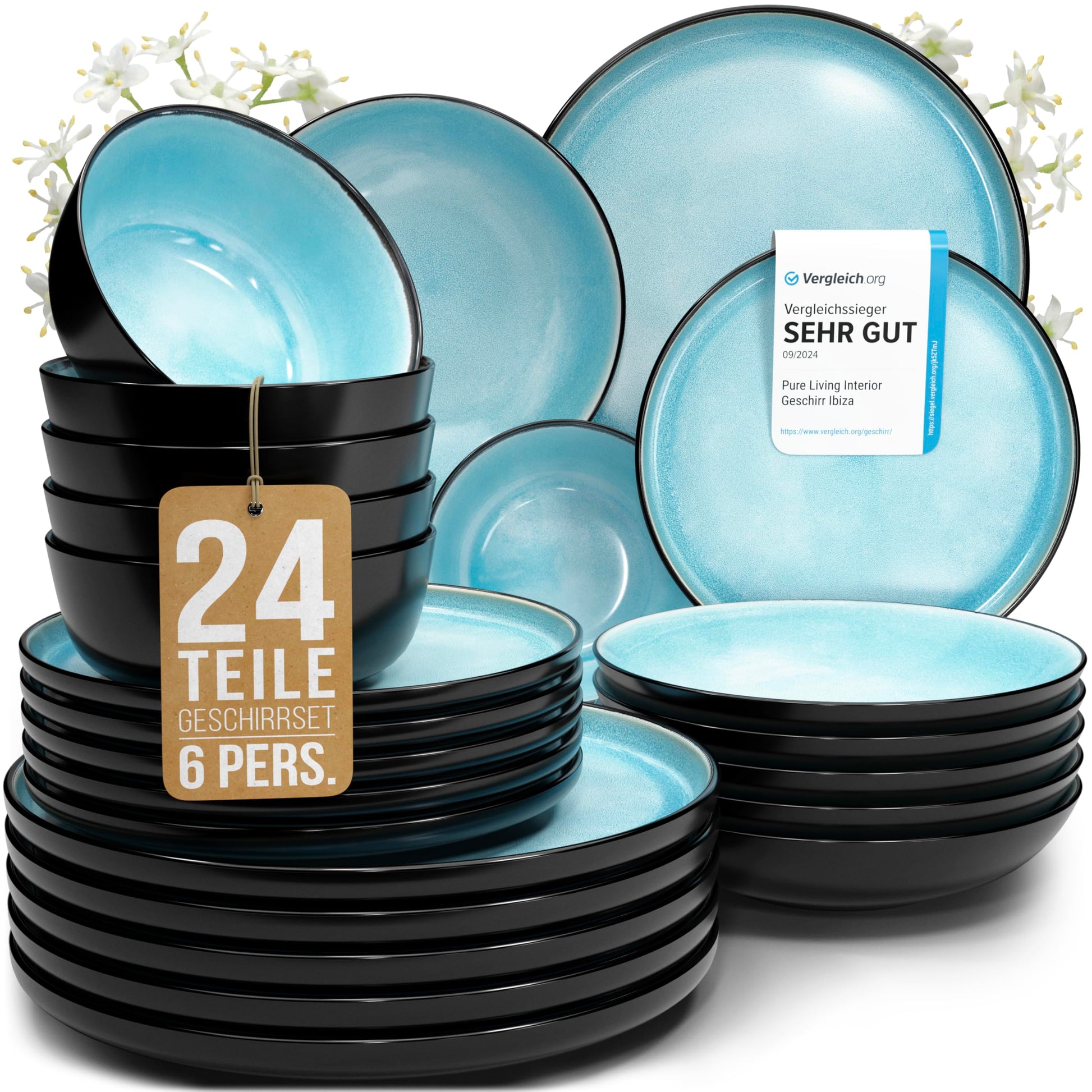 Pure Living Ibiza Steingut Geschirrset - 6P 24 tlg. Aquamarin. Rundes, aquamarinblaues Steingut-Set zum Servieren und Essen von Speisen.