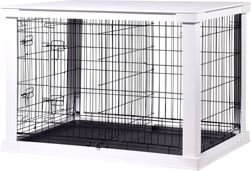 dobar Design Hundebox als Couchtisch – Gr. L Weiss. Weiße Holzbox mit Gittertür dient als Hundehöhle und Couchtisch.