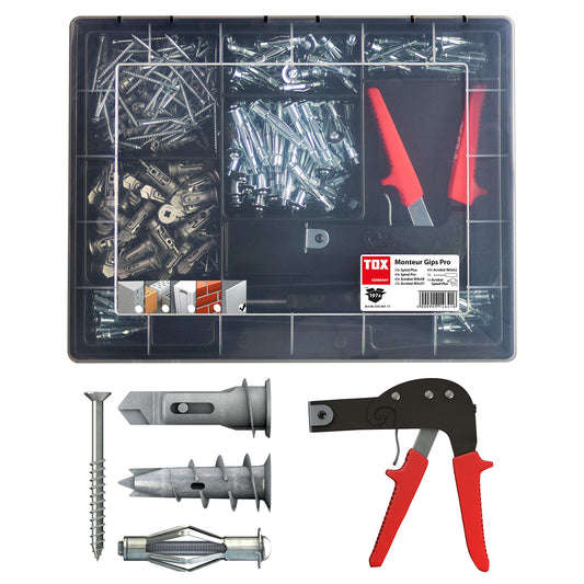 TOX Hohlraumdübel Set Monteur Gips Pro 197-teilig, inkl. Zange. Set, metallische Dübel und Spreizzange für Hohlwände.