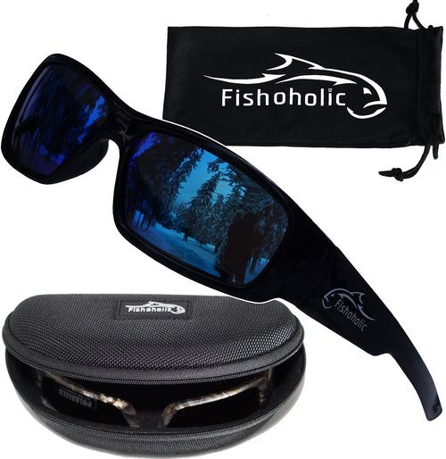 Fishoholic Polarisierte Angel-Sonnenbrille UV400, Schwarz Glänzend mit blau verspiegelten Gläsern