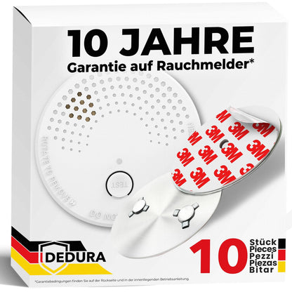 dedura Rauchmelder mit Magnethalterung, 10er Set, DIN EN 14604 – Klebemontage ohne Bohren