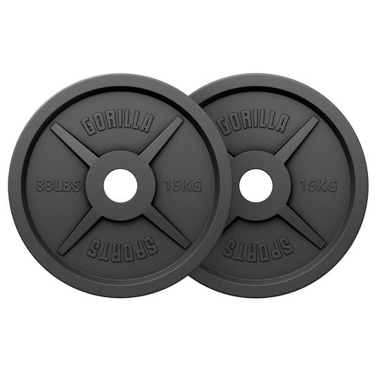 GORILLA SPORTS Olympia Hantelscheiben Gusseisen 50mm, runde, dunkle Scheiben zum Beladen von Olympia-Langhanteln für Gewichtstraining.