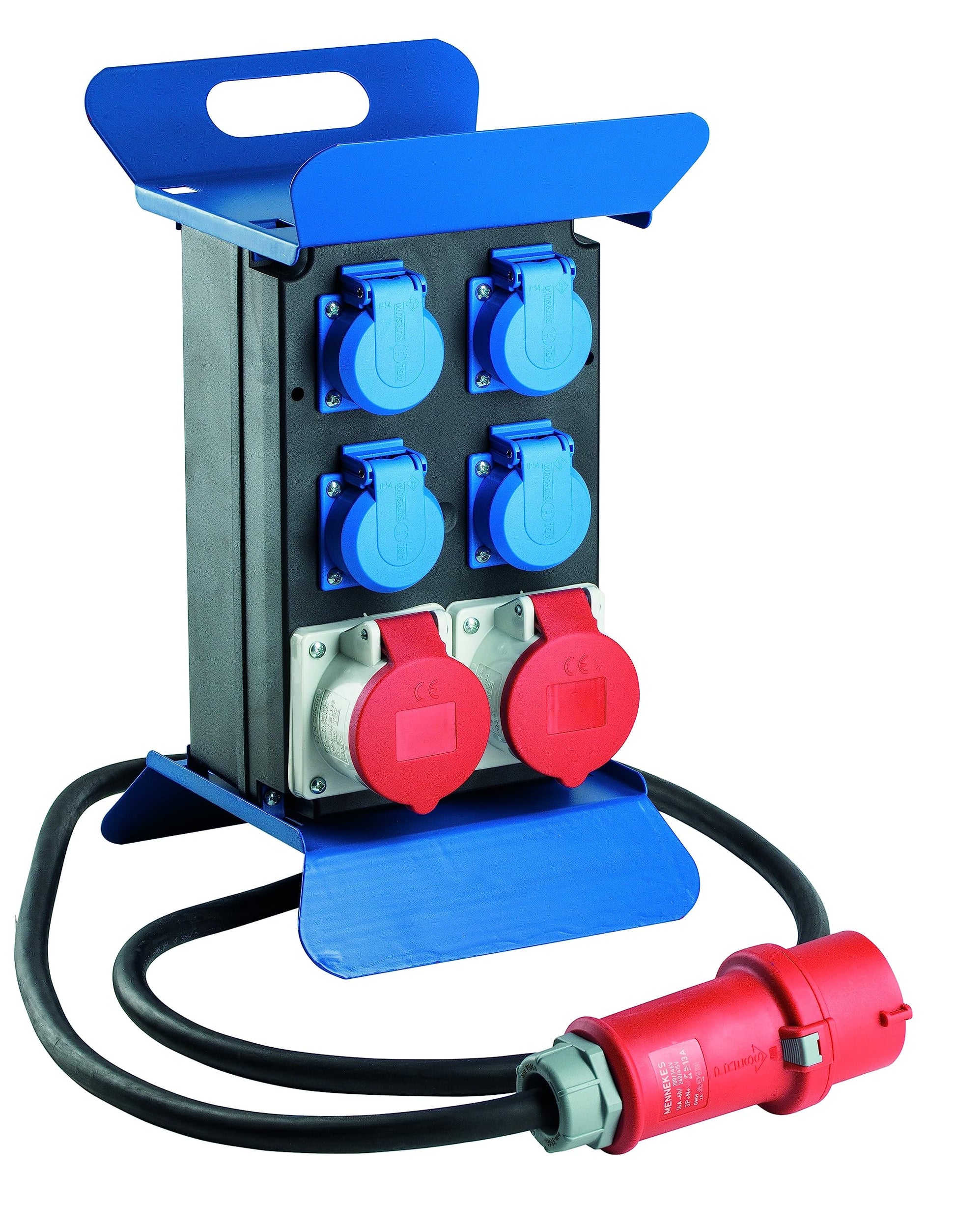 as - Schwabe STECKY 1 CEE Verteiler - 400V/16A IP44. Roter, robuster Block. Verteilt 400V Drehstrom an Geräte.