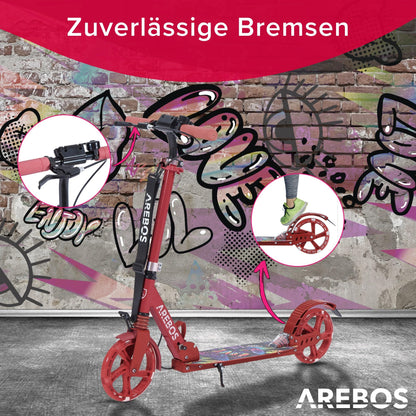 Arebos Cityroller Tretroller – Rot, Klappbar mit LED Räder