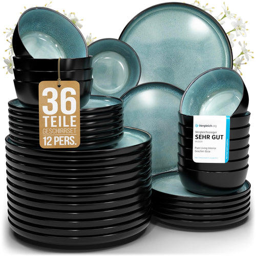 Pure Living Ibiza Steingut Geschirrset 12 Personen Petrol