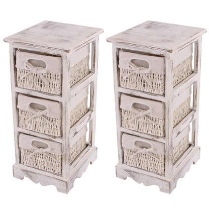 Mendler 2er-Set Regal Kommode Vintage, 3 Korbschubladen – Weiss. Zwei weiße Vintage-Kommoden mit je drei Korbschubladen zur Aufbewahrung.