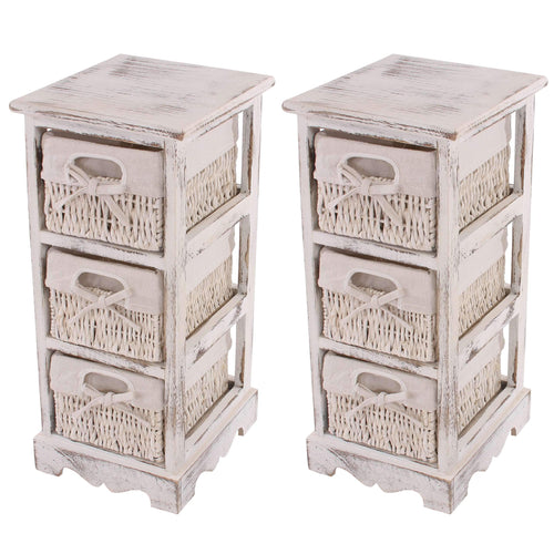 Mendler 2er-Set Regal Kommode Vintage, 3 Korbschubladen – Weiss. Zwei weiße Vintage-Kommoden mit je drei Korbschubladen zur Aufbewahrung.