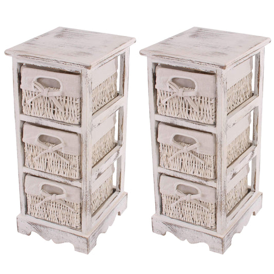 Mendler 2er-Set Regal Kommode Vintage, 3 Korbschubladen – Weiss. Zwei weiße Vintage-Kommoden mit je drei Korbschubladen zur Aufbewahrung.