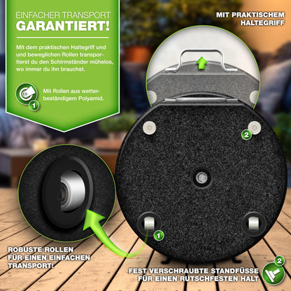 tillvex Granit Sonnenschirmständer mit Rollen, Edelstahlrohr, 27 kg