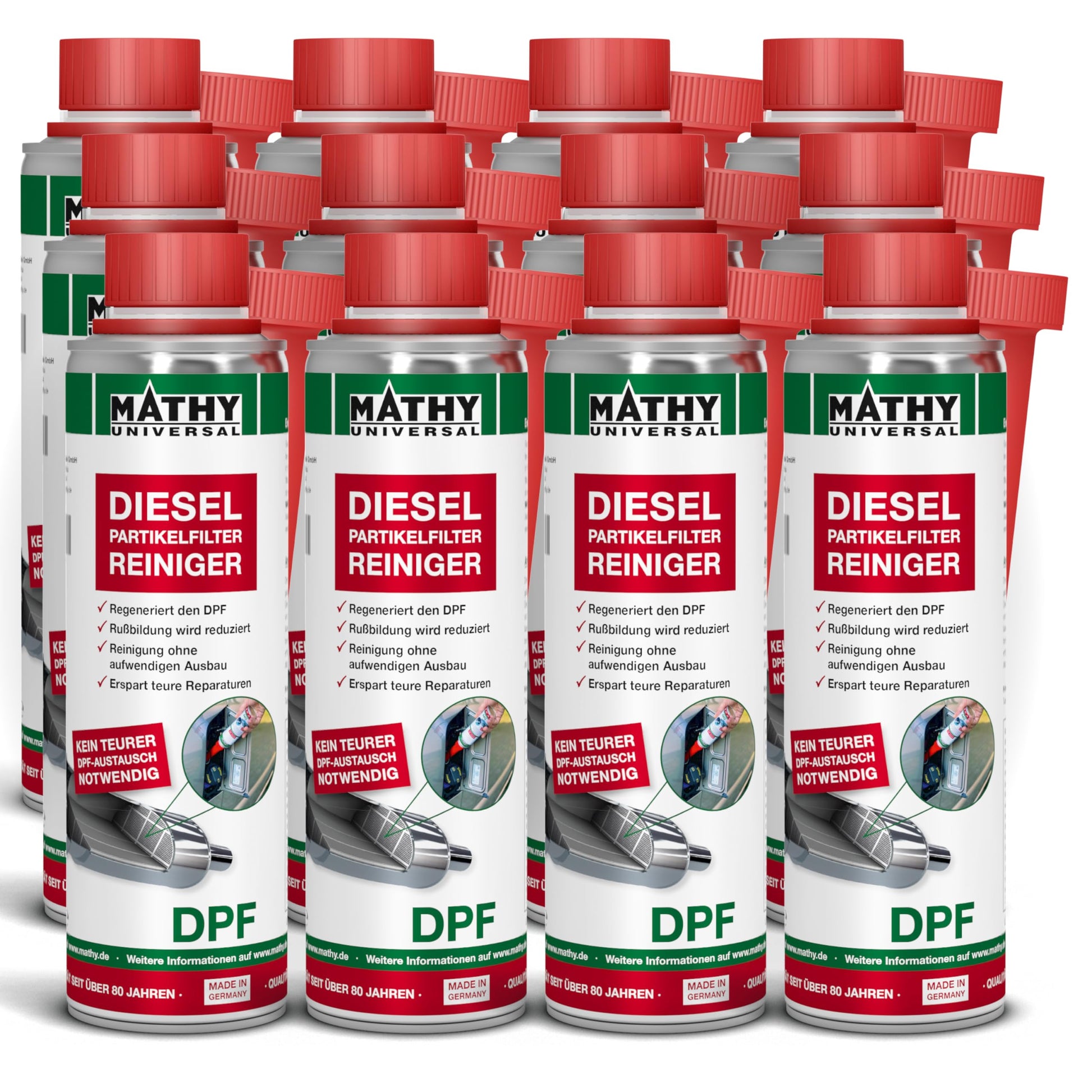 MATHY DPF Partikelfilter Reiniger Diesel Additiv – 12x 300ml. 12 Additivflaschen. Entfernt Ruß, fördert DPF-Regeneration.