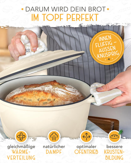 KRUSTENZAUBER Gusseisen Topf als Schmortopf mit Deckel - 26cm Emaille Topf als Gusseisen Bräter oder Brotbacktopf - Backofengeeigneter Dutch oven Cast Iron Pot als hochwertiger Kochtopf inkl. Rezepte