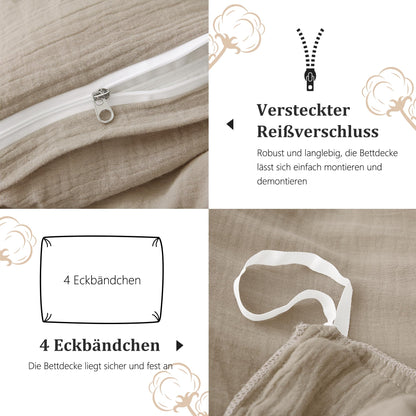 TOCOMOA Musselin Bettwäsche Set 135x200 – Beige 6-teilig