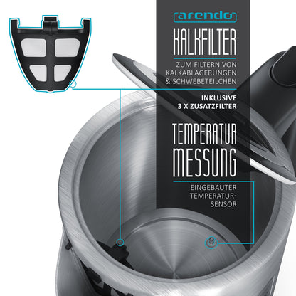 Arendo Edelstahl Wasserkocher mit Temperaturwahl, 1,7 l, 3000 W