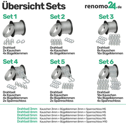 Renomo24 Drahtseil Set 6 Stahlseil-Set - 40m 5mm verzinkt