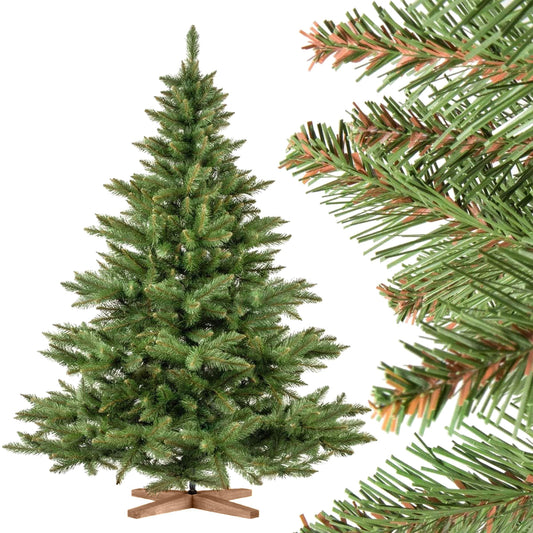 FairyTrees NORDMANNTANNE Tannenbaum künstlich 180cm Holzständer, grüner, konischer Baum mit Holzständer, ideal als festliche Weihnachtsdekoration.