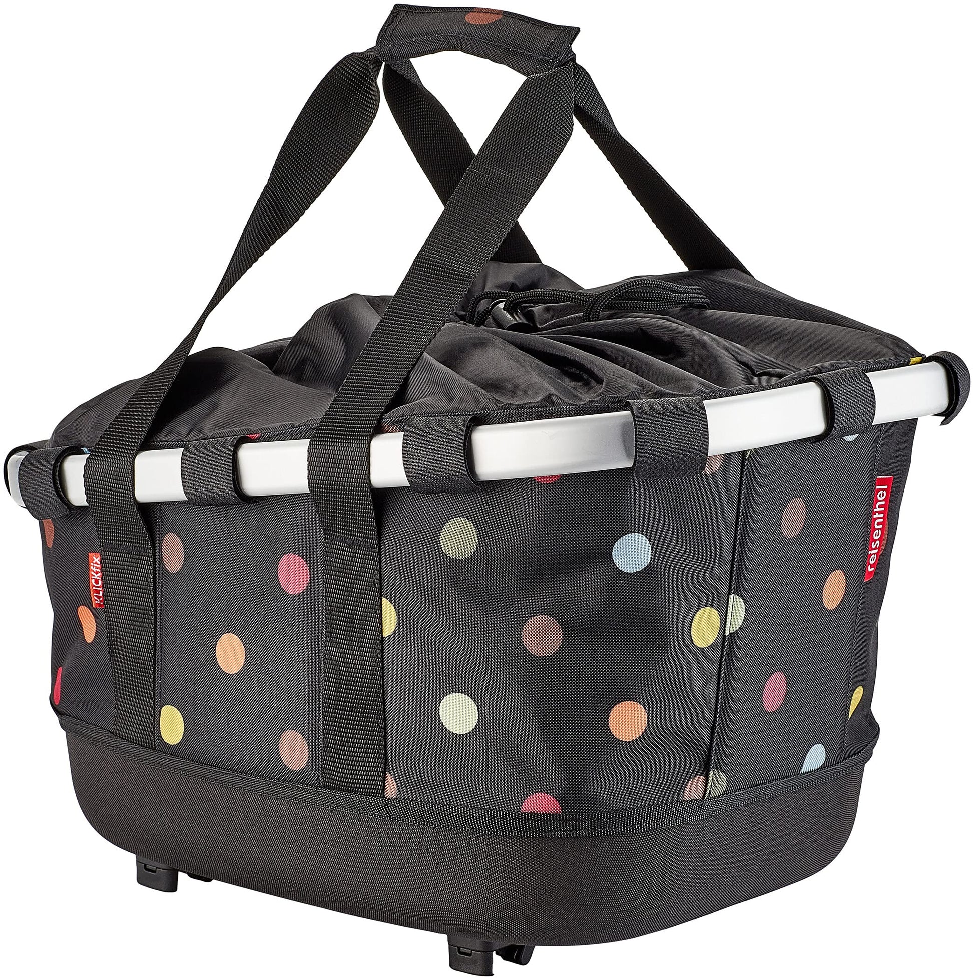 KlickFix Bikebasket GT Gepäckträger Fahrradkorb – Dots. Schwarzer Korb mit weißen Punkten. Zur Gepäckträger-Montage von Einkäufen.