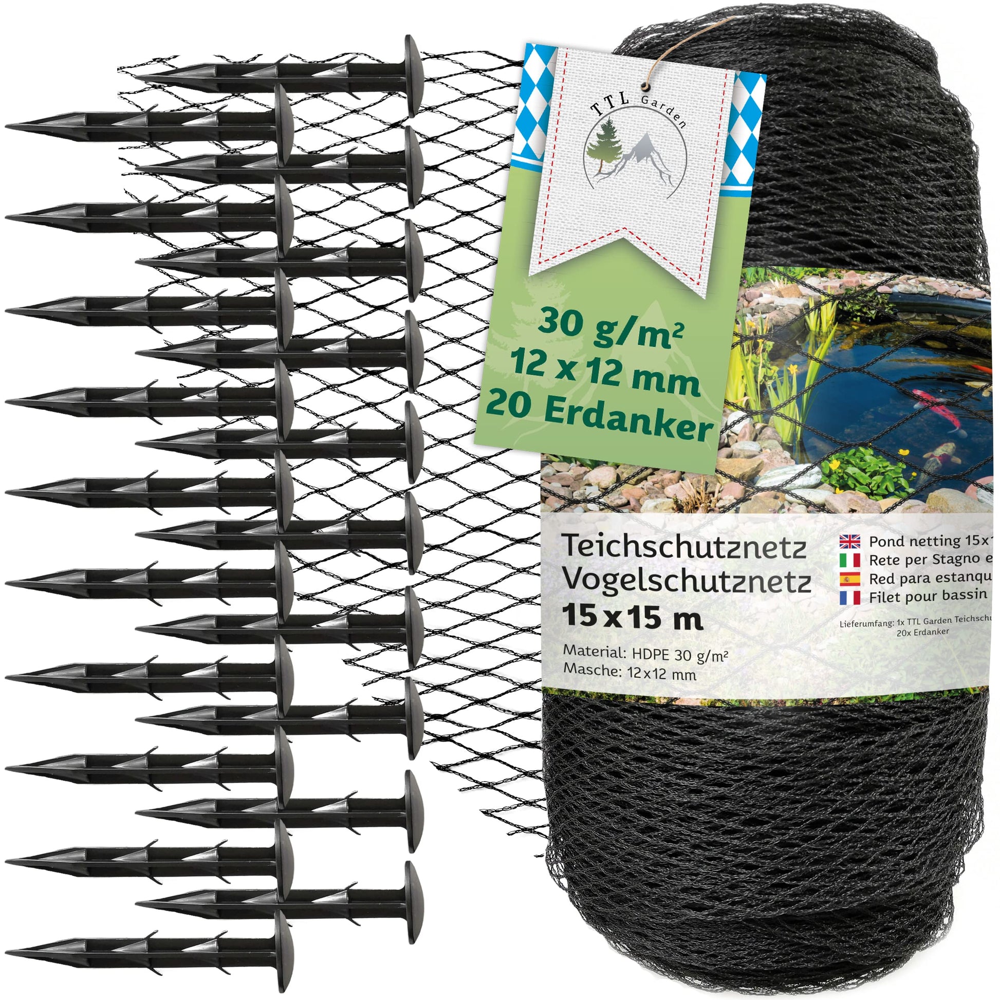 TTL Garden Teichnetz Vogelschutznetz - 15x15m Schwarz 12x12mm. Quadratisches, schwarzes Netz mit 12x12mm Maschenweite. Schützt Teiche vor Vögeln.