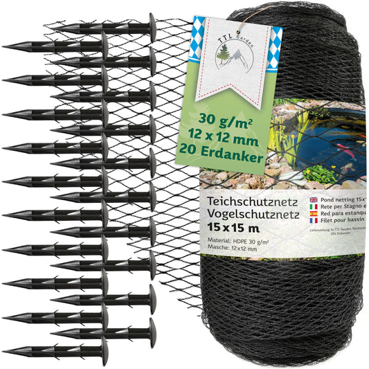 TTL Garden Teichnetz Vogelschutznetz - 15x15m Schwarz 12x12mm. Quadratisches, schwarzes Netz mit 12x12mm Maschenweite. Schützt Teiche vor Vögeln.