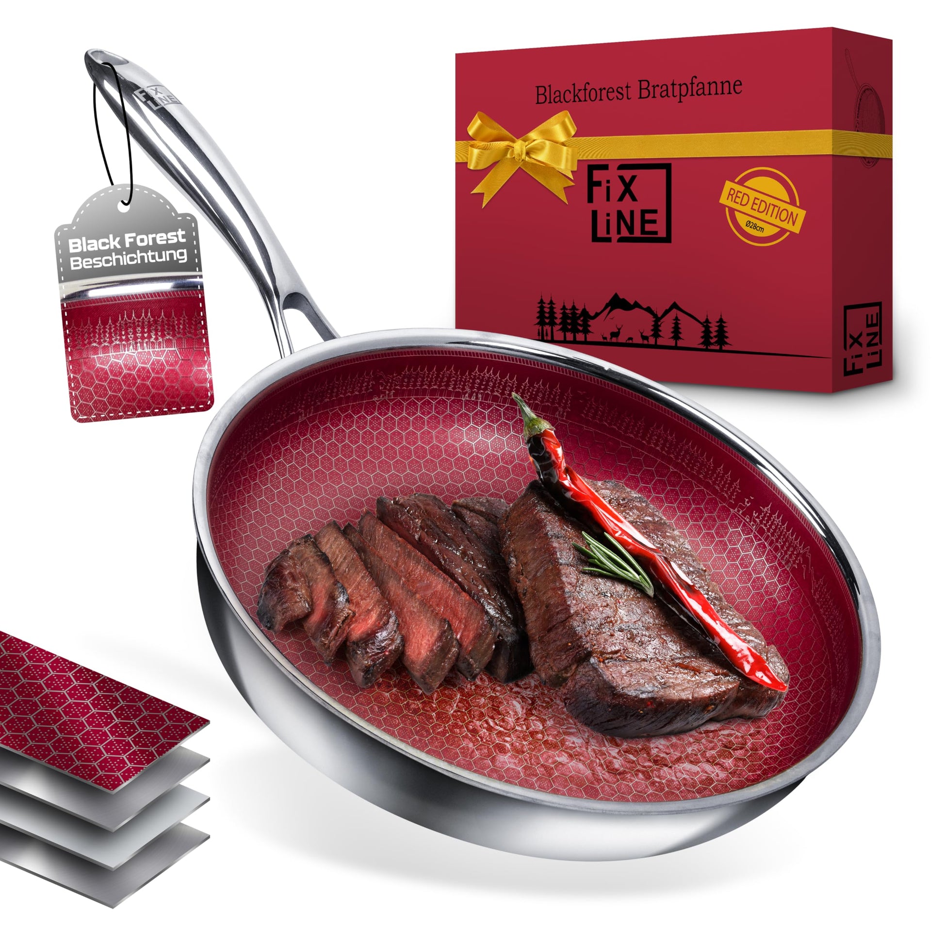 FIXLINE® BLACK FOREST Servierpfanne 28cm - RED Edition. Rote 28cm Pfanne mit schwarzer Antihaft zum Braten & Servieren.