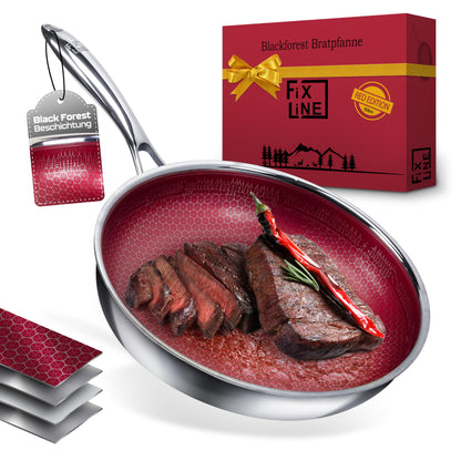 FIXLINE® BLACK FOREST Servierpfanne 28cm - RED Edition. Rote 28cm Pfanne mit schwarzer Antihaft zum Braten & Servieren.
