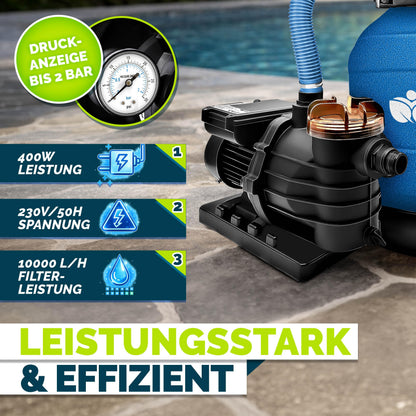tillvex Sandfilteranlage Pool 10 m³/h mit 7-Wege-Ventil, Blau