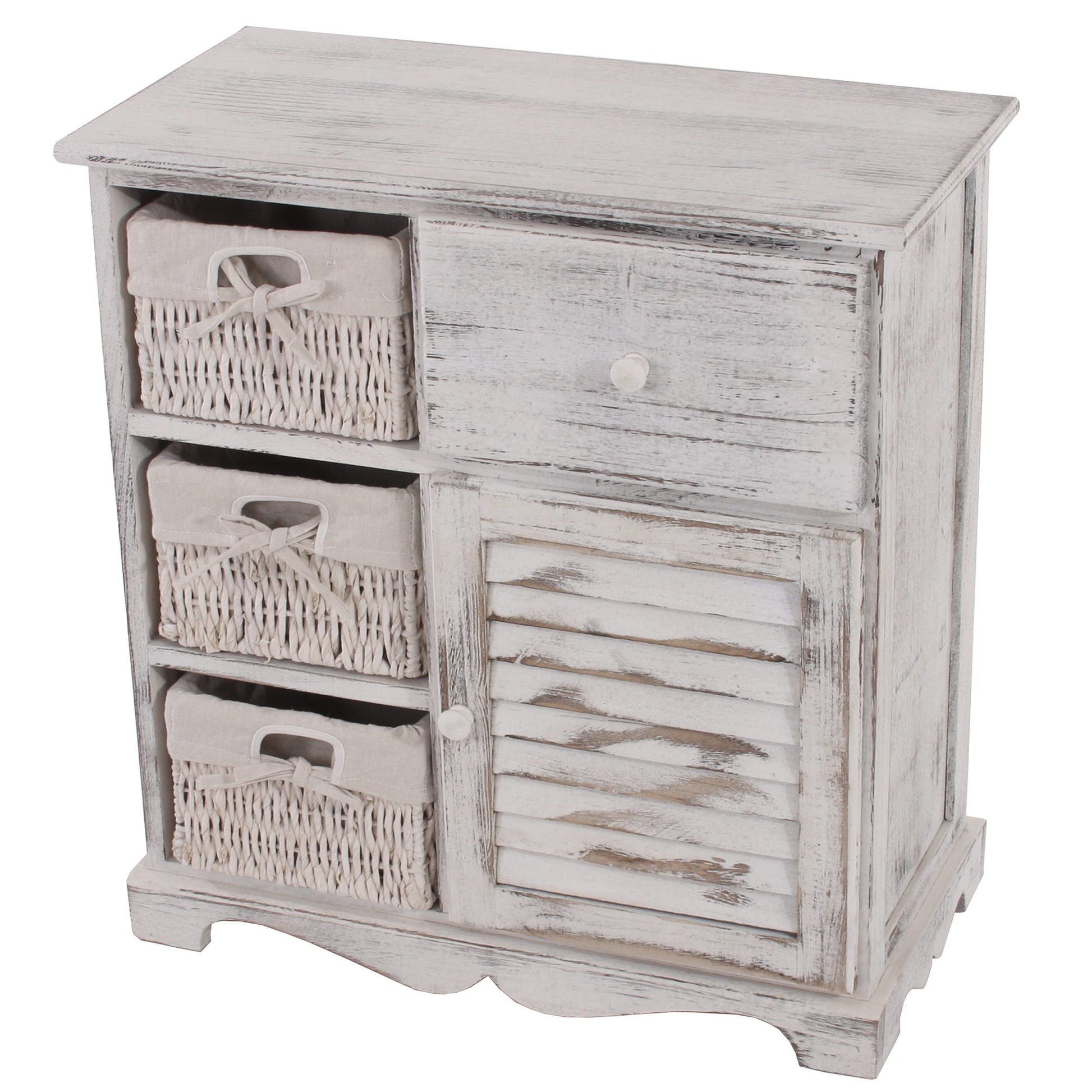 Mendler Kommode mit 3 Körben - Shabby-Look Weiss. Rechteckige Kommode mit drei Flechtkörben zur Aufbewahrung von Textilien und Utensilien.
