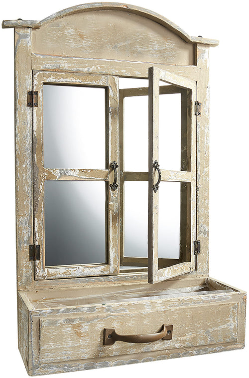 Kobolo Deko-Fensterrahmen aus Holz mit Spiegel und Pflanzschublade, Dekoration für Haus und Garten