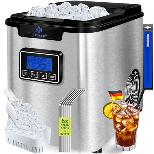 KESSER® Eiswürfelbereiter Edelstahl – 12 kg/24h Leistung. Das kompakte Edelstahlgerät produziert Eiswürfel für Getränke.