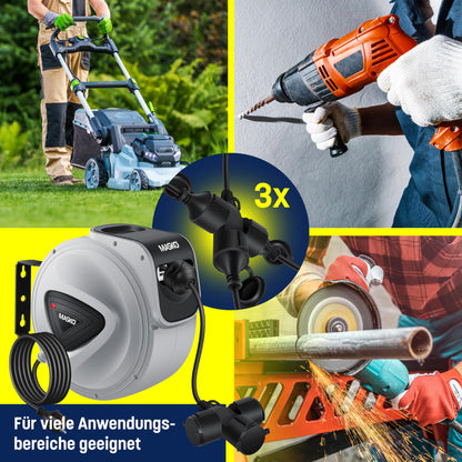MASKO® Automatik Kabeltrommel Verlängerungskabel 20m mit 3-Fach Anschluss 180° drehbar 1,5m Zuleitung Wandhalterung Werkstatt Kabelaufroller Automatisch Stromtrommel Schlauchaufroller Inkl. Handschuhe