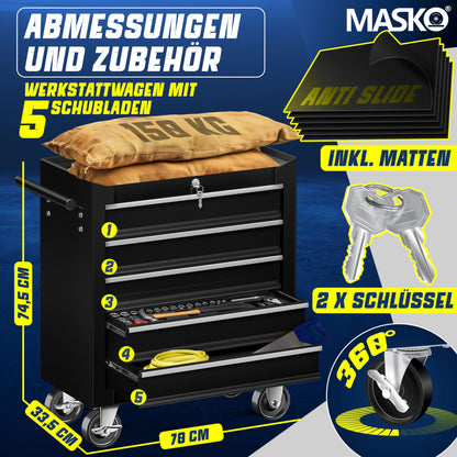 MASKO Werkstattwagen 5 Schubladen Schwarz Abschliessbar