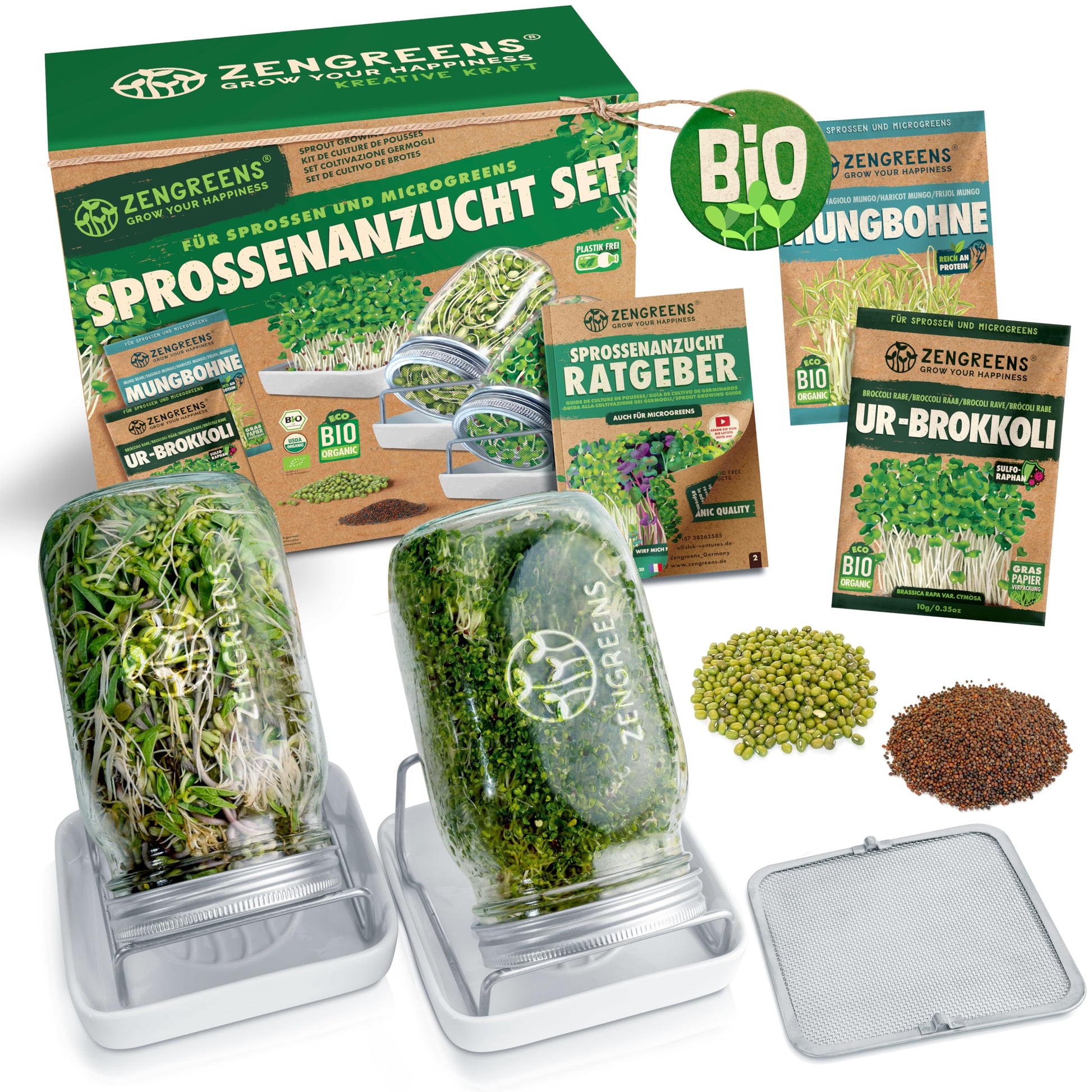 zengreens Bio Sprossen Anzuchtset mit Sprossenglas und Bio-Samen – Set mit Keimglas und Keimschale