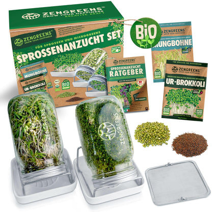 zengreens Bio Sprossen Anzuchtset mit Sprossenglas und Bio-Samen – Set mit Keimglas und Keimschale