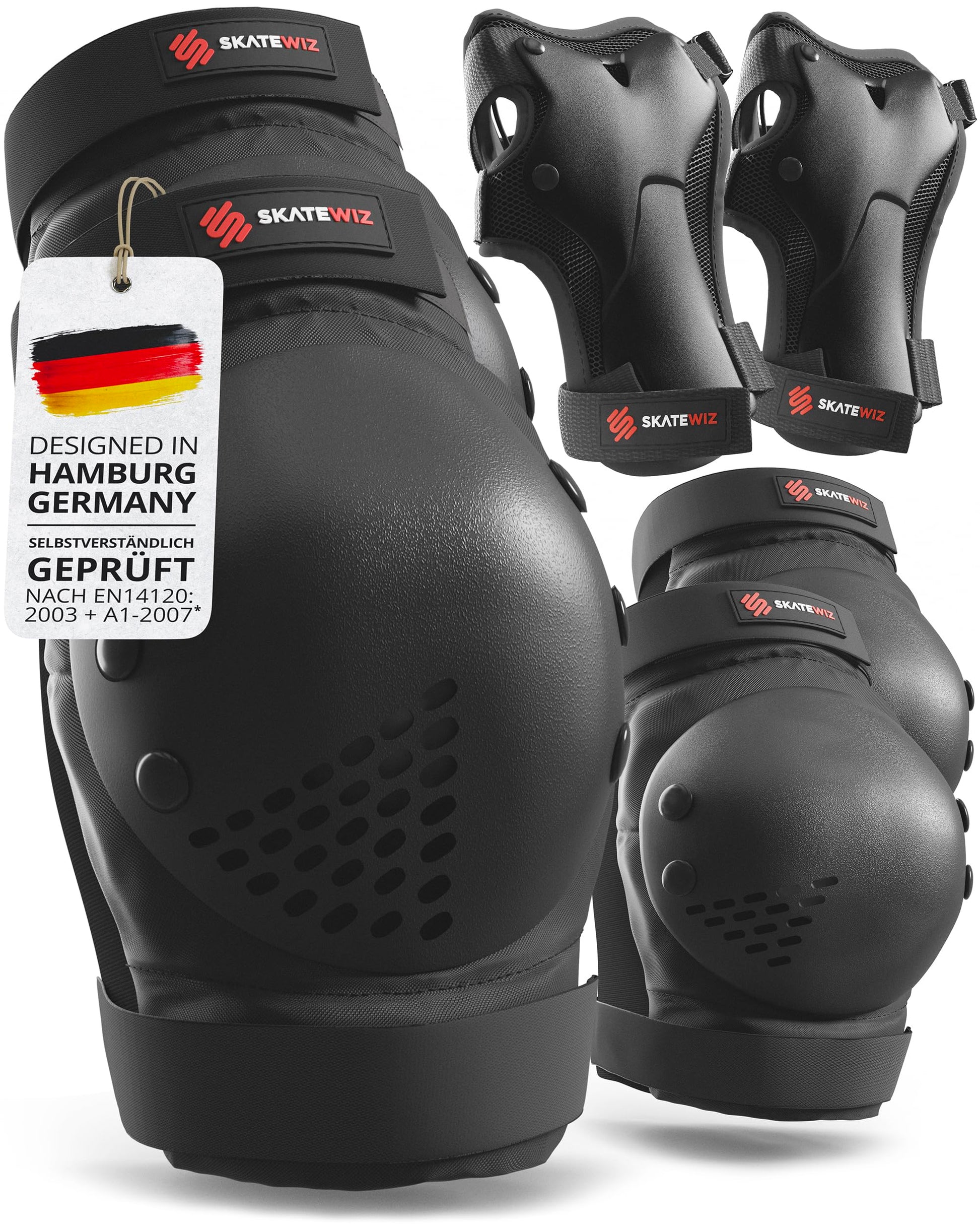 SKATEWIZ Smash Protektoren-Set Erwachsene, Grösse L/XL, Schwarz, Schützer für Knie, Ellenbogen und Handgelenke