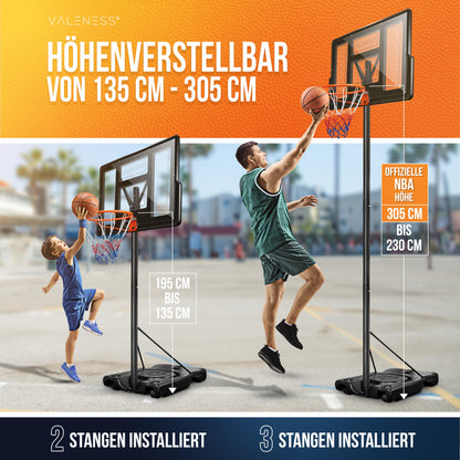 VALENESS® Basketballkorb Outdoor - Höhenverstellbar 135-305cm