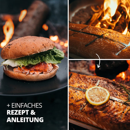 FINNWERK Flammlachsbrett aus Birke mit Edelstahlhalterung