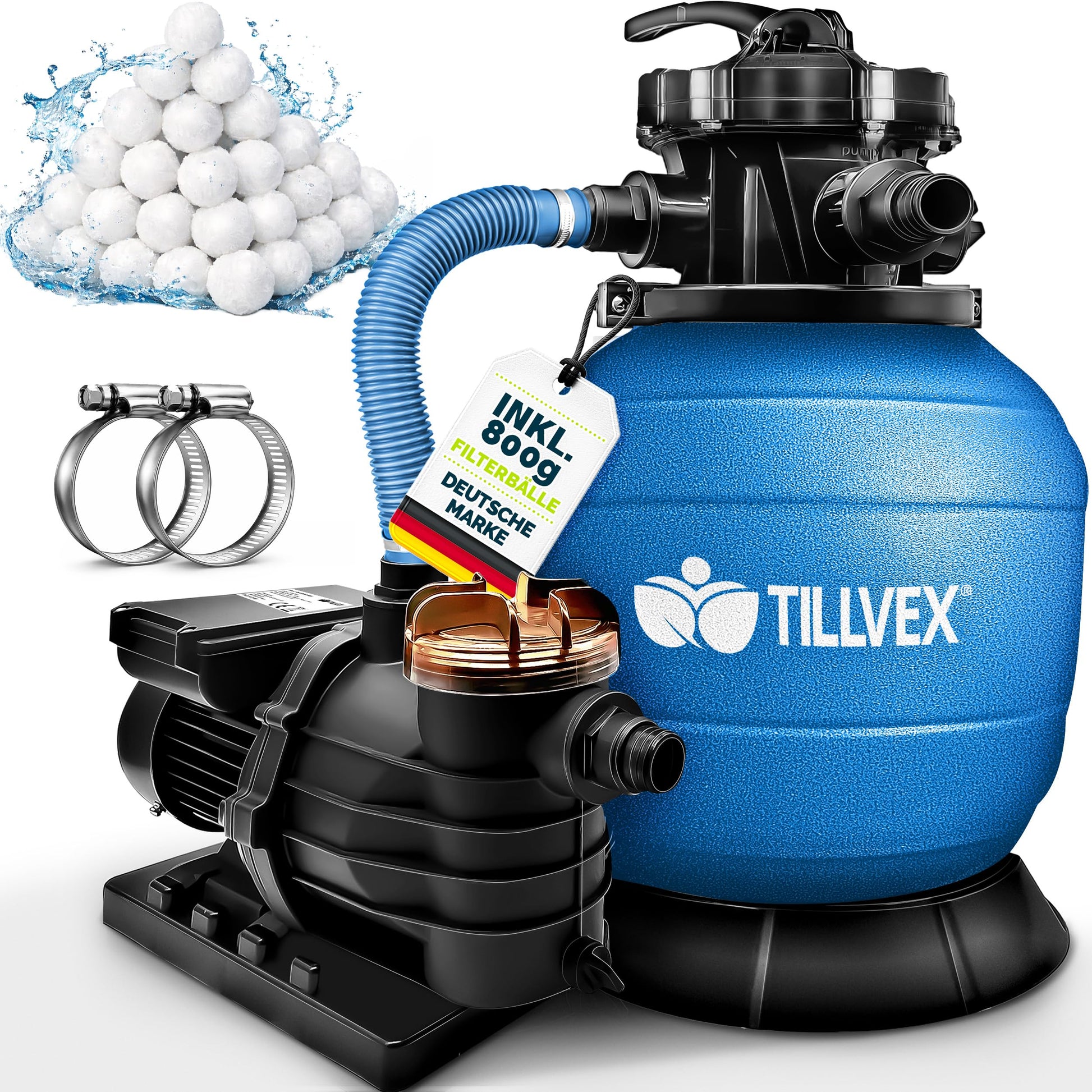 tillvex Sandfilteranlage Pool 10 m³/h mit 7-Wege-Ventil, Blau – Filterkessel mit Druckanzeige und Sockel