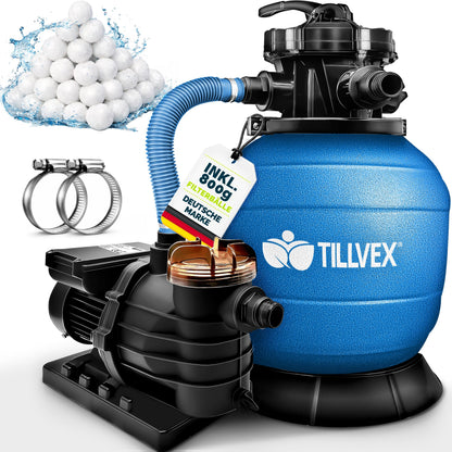 tillvex Sandfilteranlage Pool 10 m³/h mit 7-Wege-Ventil, Blau – Filterkessel mit Druckanzeige und Sockel
