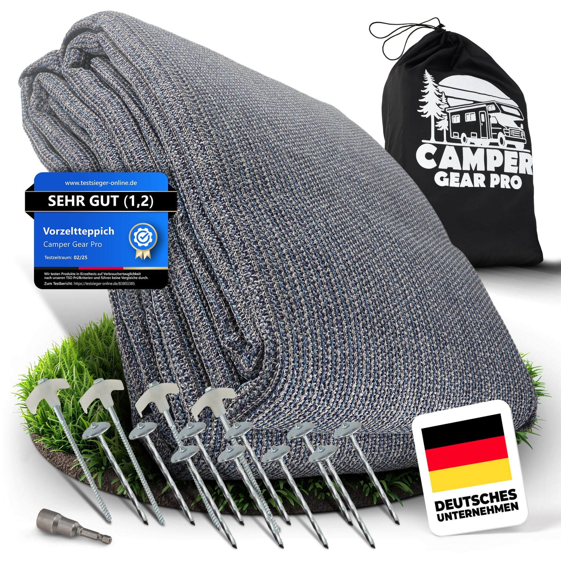 Camper Gear Pro Vorzeltteppich Camping Teppich - 250x500 cm. Grauer Teppich für Vorzelte; schützt Boden, atmungsaktiv, UV-stabil.