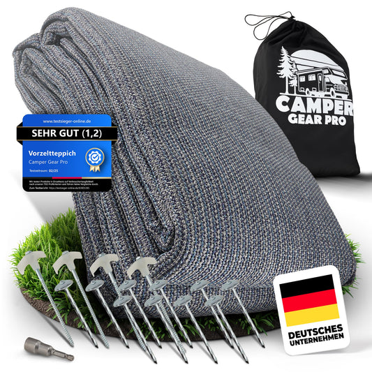 Camper Gear Pro Vorzeltteppich Camping Teppich - 250x500 cm. Grauer Teppich für Vorzelte; schützt Boden, atmungsaktiv, UV-stabil.