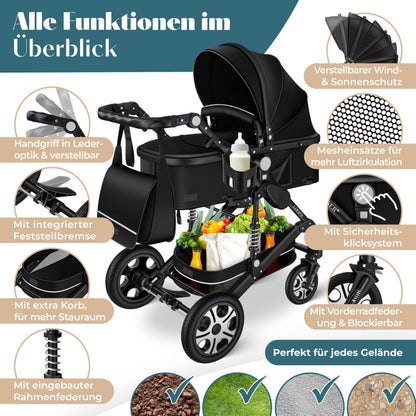 KESSER Loops 4-in-1 Kombikinderwagen mit Babyschale, Schwarz