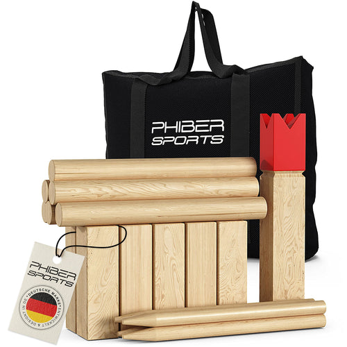 PHIBER-SPORTS Kubb Wikinger Spiel aus Gummibaumholz mit Tragetasche – Holzspiel für draussen