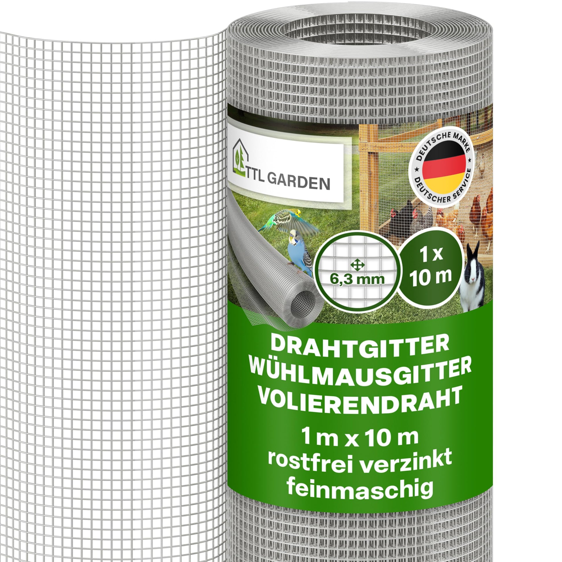 TTL GARDEN Drahtgitter feinmaschig verzinkt 6,3 mm Masche 10 x 1 m, Stahlgitter auf Rolle für Gehege und Hochbeete