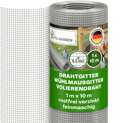 TTL GARDEN Drahtgitter feinmaschig verzinkt 6,3 mm Masche 10 x 1 m, Stahlgitter auf Rolle für Gehege und Hochbeete