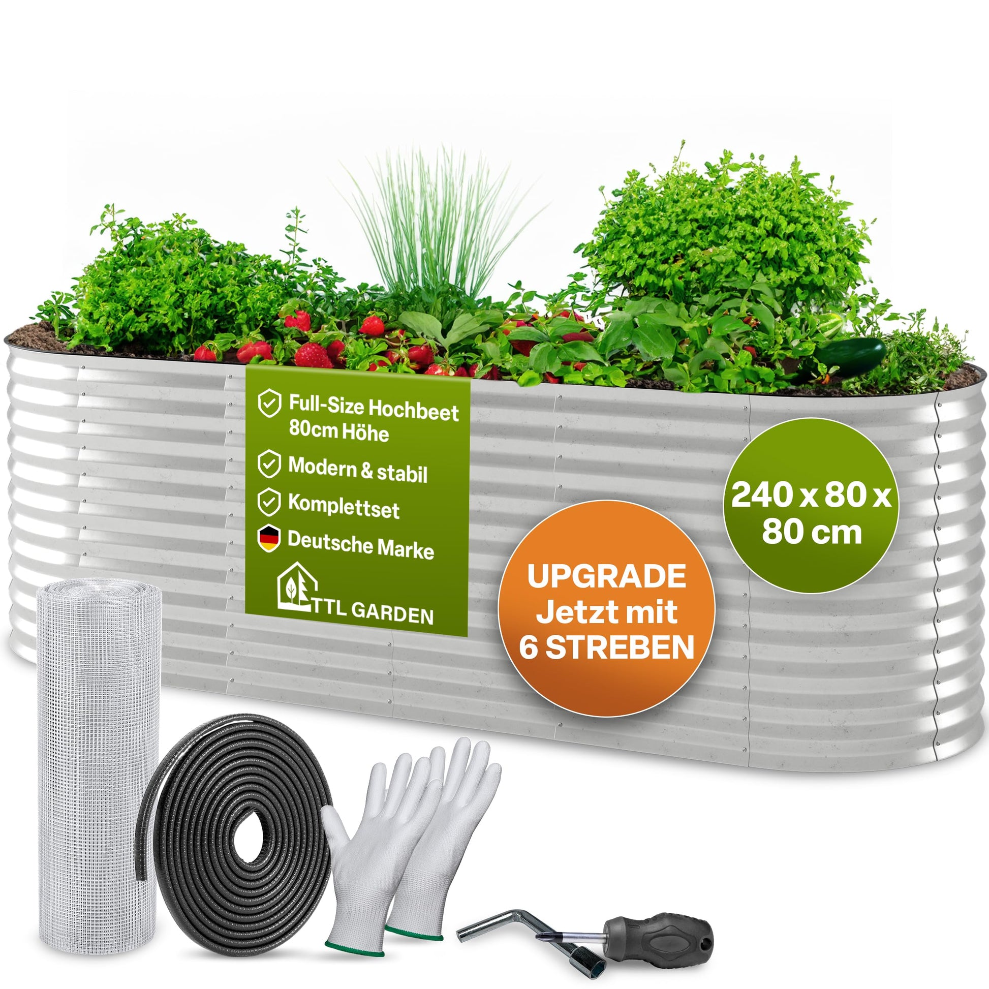 TTL Garden Hochbeet Spirit L 240x80x80 cm verzinkter Stahl silber, ovales Wellblech