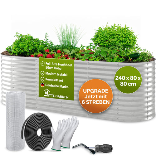 TTL Garden Hochbeet Spirit L 240x80x80 cm verzinkter Stahl silber, ovales Wellblech