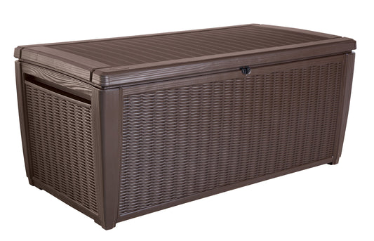 Keter Sumatra Auflagenbox & Kissenbox, braun. Sie bietet 511 L Stauraum für Gartenauflagen und Kissen.