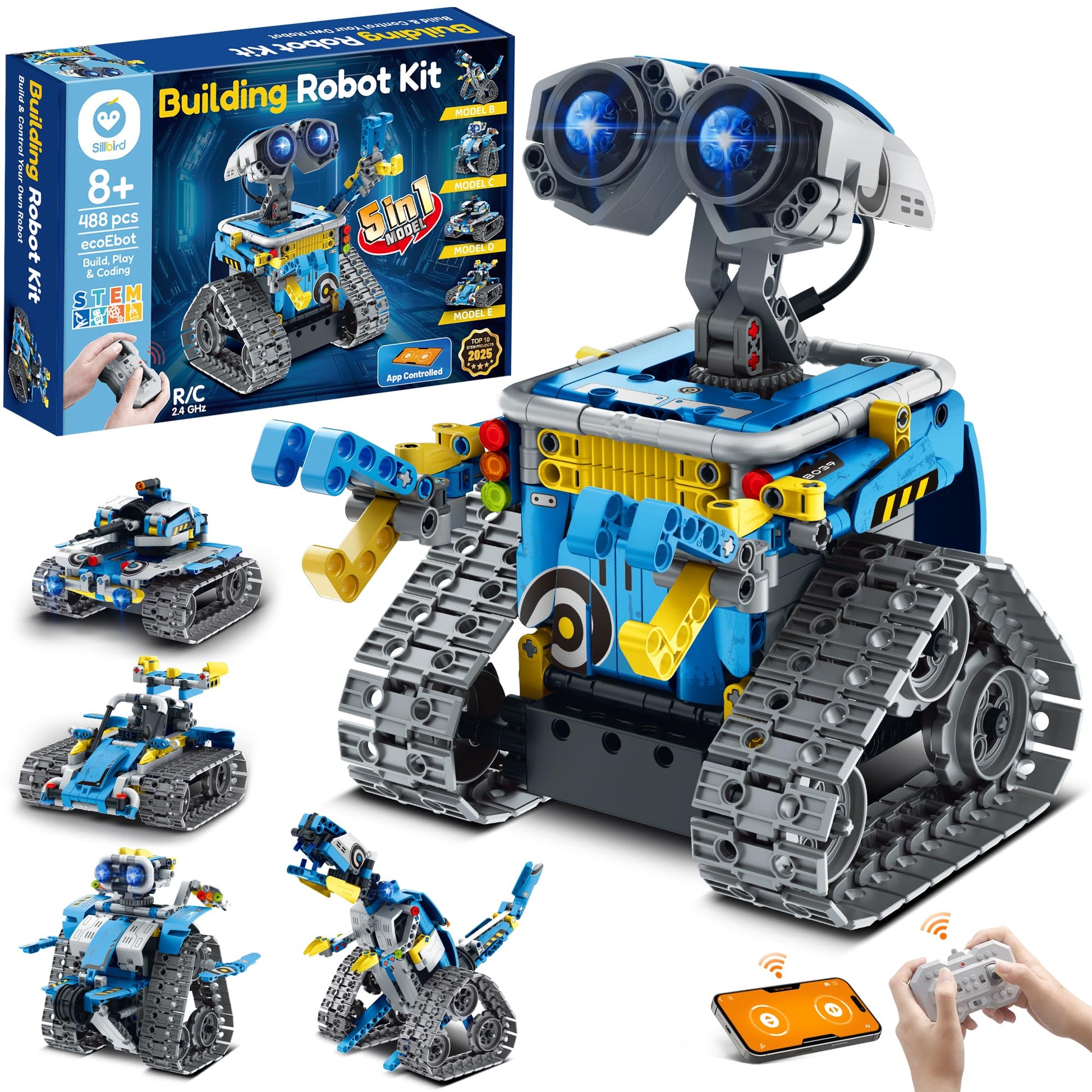 Sillbird Technik Roboter Bauspielzeug 5-in-1 mit App, 488 Teile – programmierbarer Roboterbaukasten aus Bausteinen
