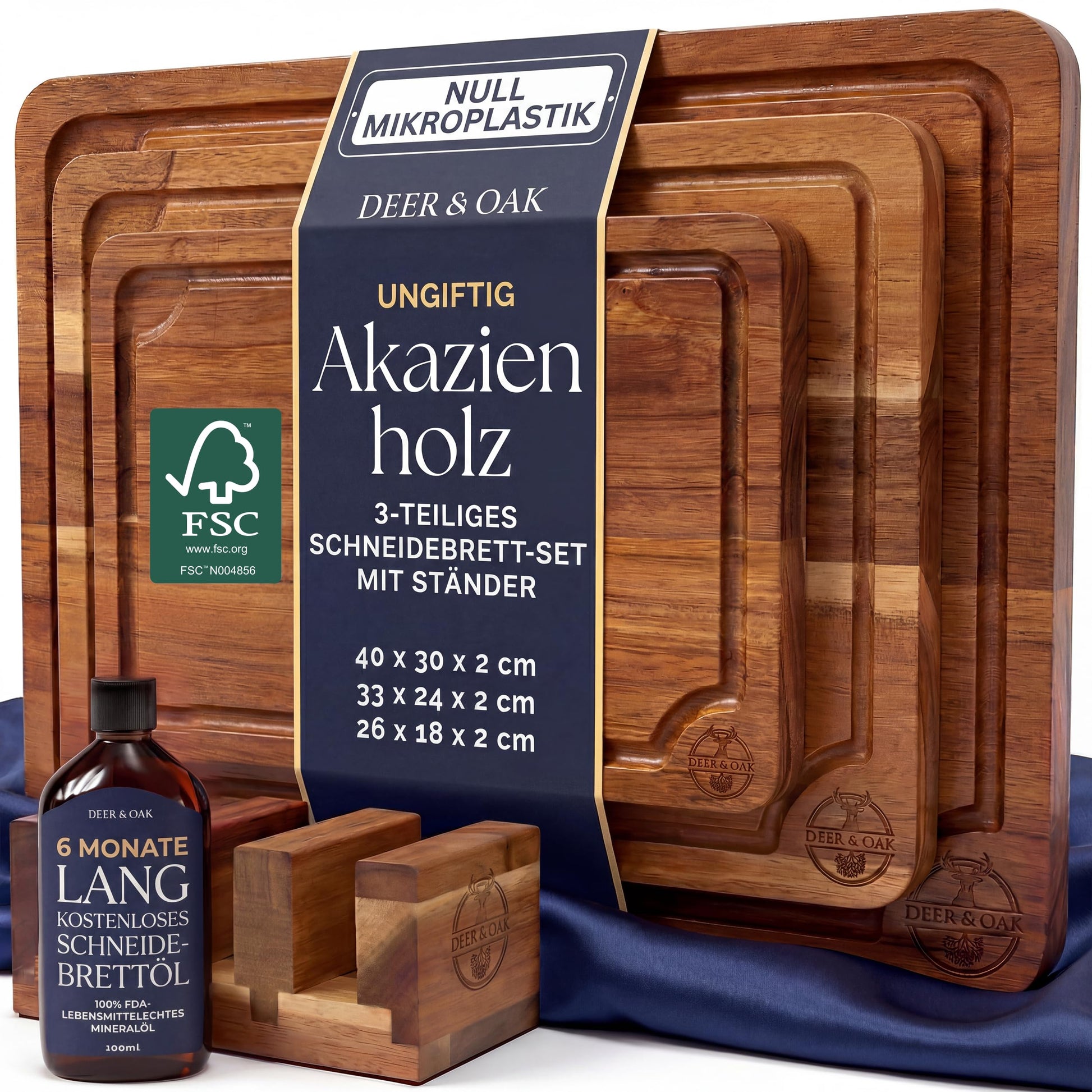 Deer & Oak Schneidebrett-Set Akazie, 3-teilig mit Ständer und Öl, drei Bretter aus Akazienholz mit Saftrille