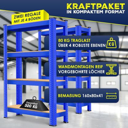 MASKO Schwerlastregal 2er-Set, 160 x 80 x 40 cm, 700 kg, Blau