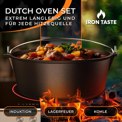 IRON TASTE Dutch Oven Set 12L – Eingebrannter Gusseisen Feuertopf